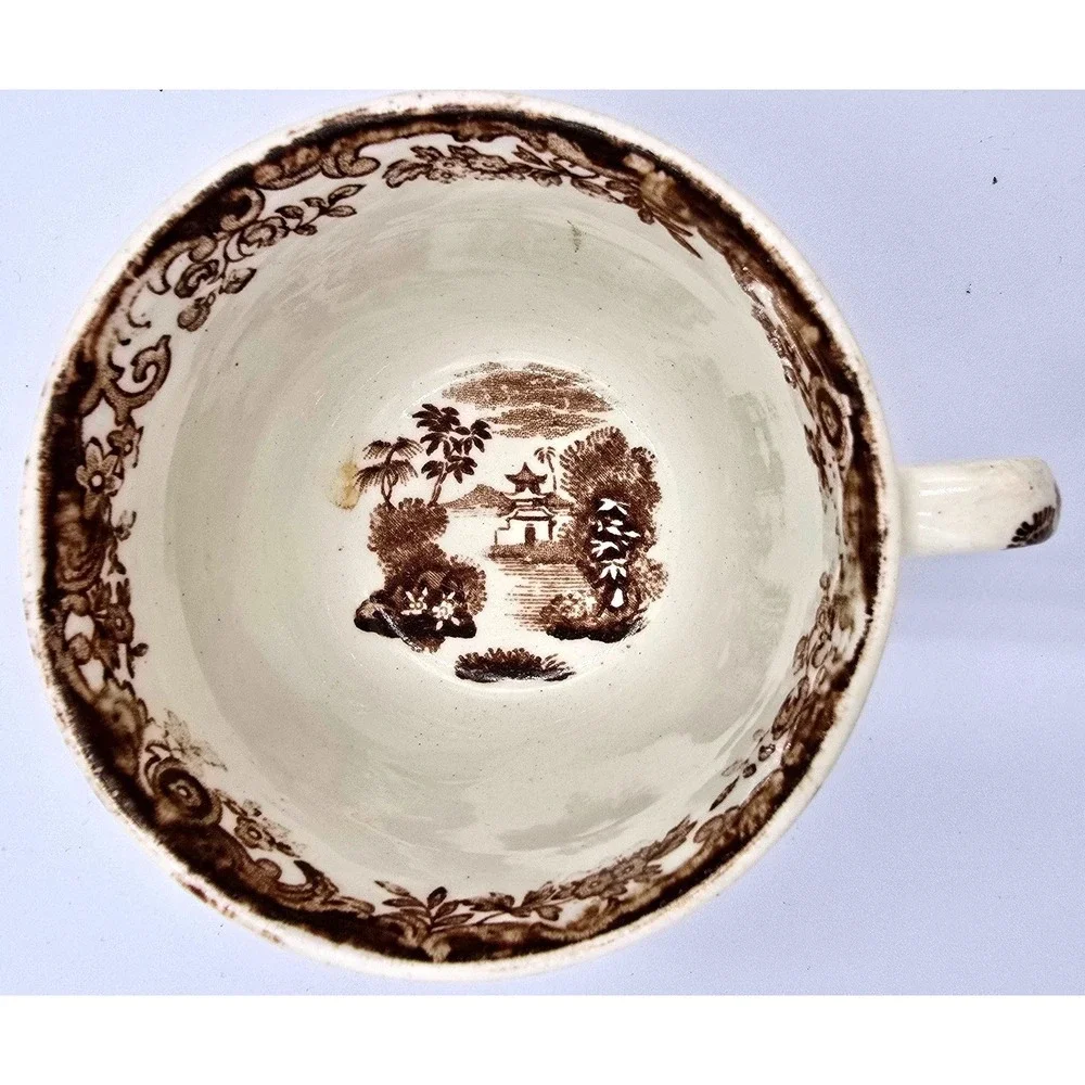 Antique Brown Transferware Tea Cup Chinoiserie Pagoda Landscape Scene White